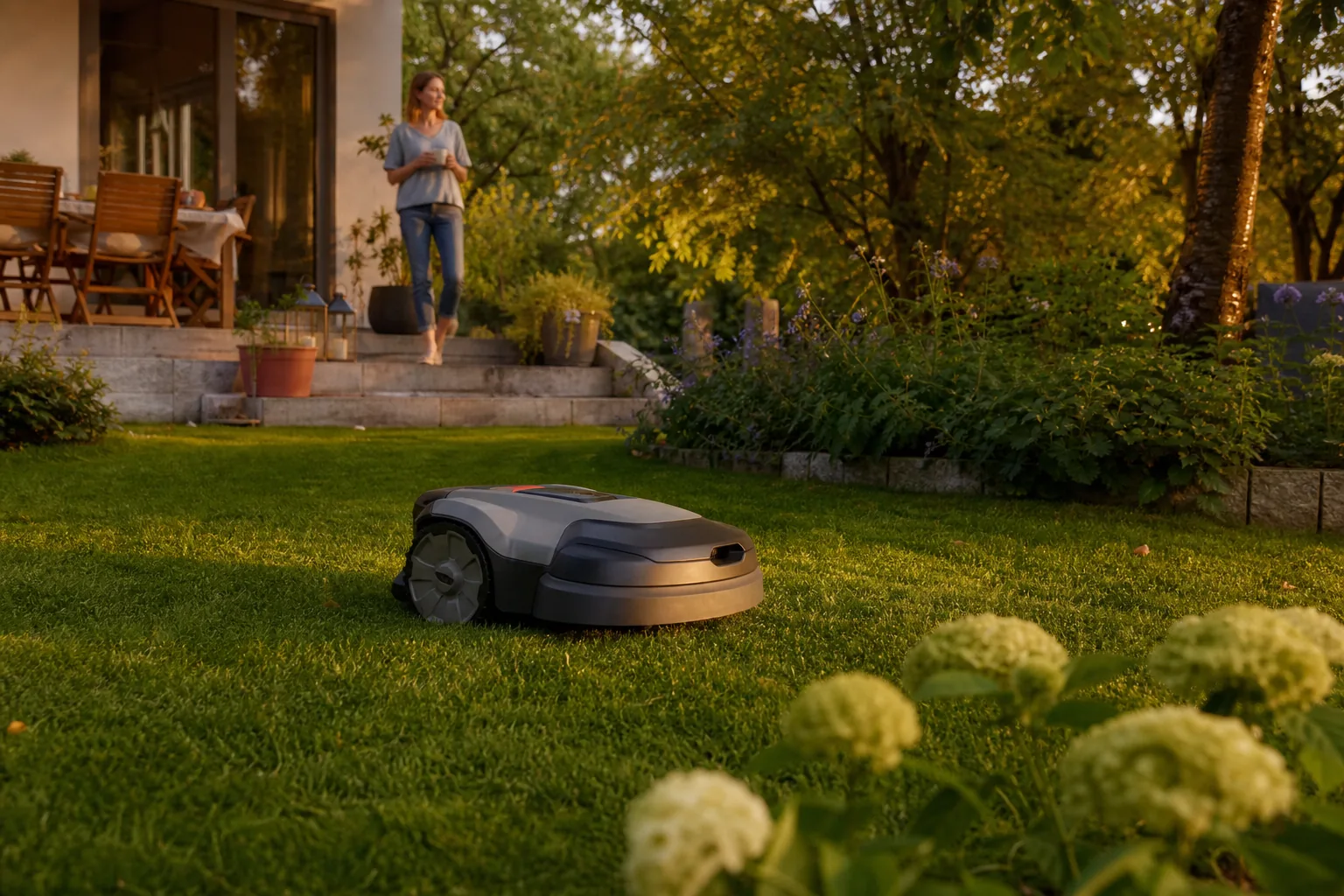 Mähroboter fährt am Abend über einen Rasen im Familiengarten