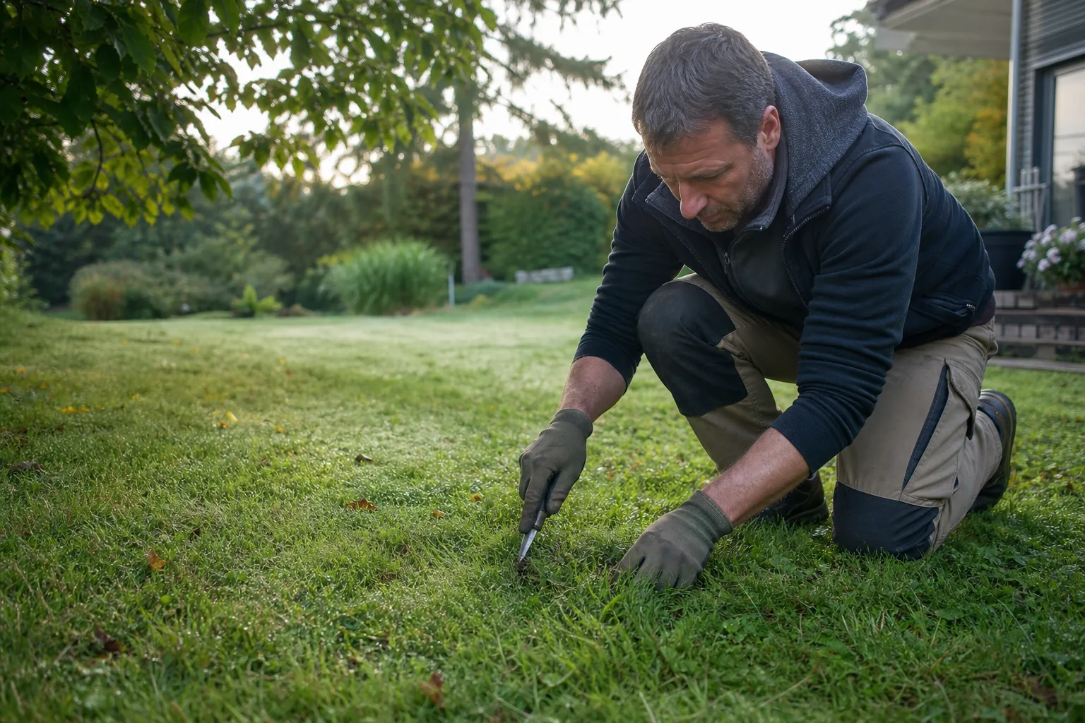 Person prüft den Boden einer gepflegten Rasenfläche im Garten